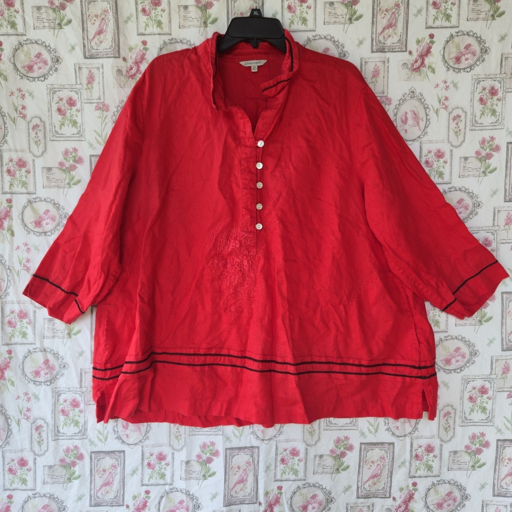 John Mark Red‎ 100% Linen Blouse Plus 2X Pockets Trim Pullover Tunic Top Artsy